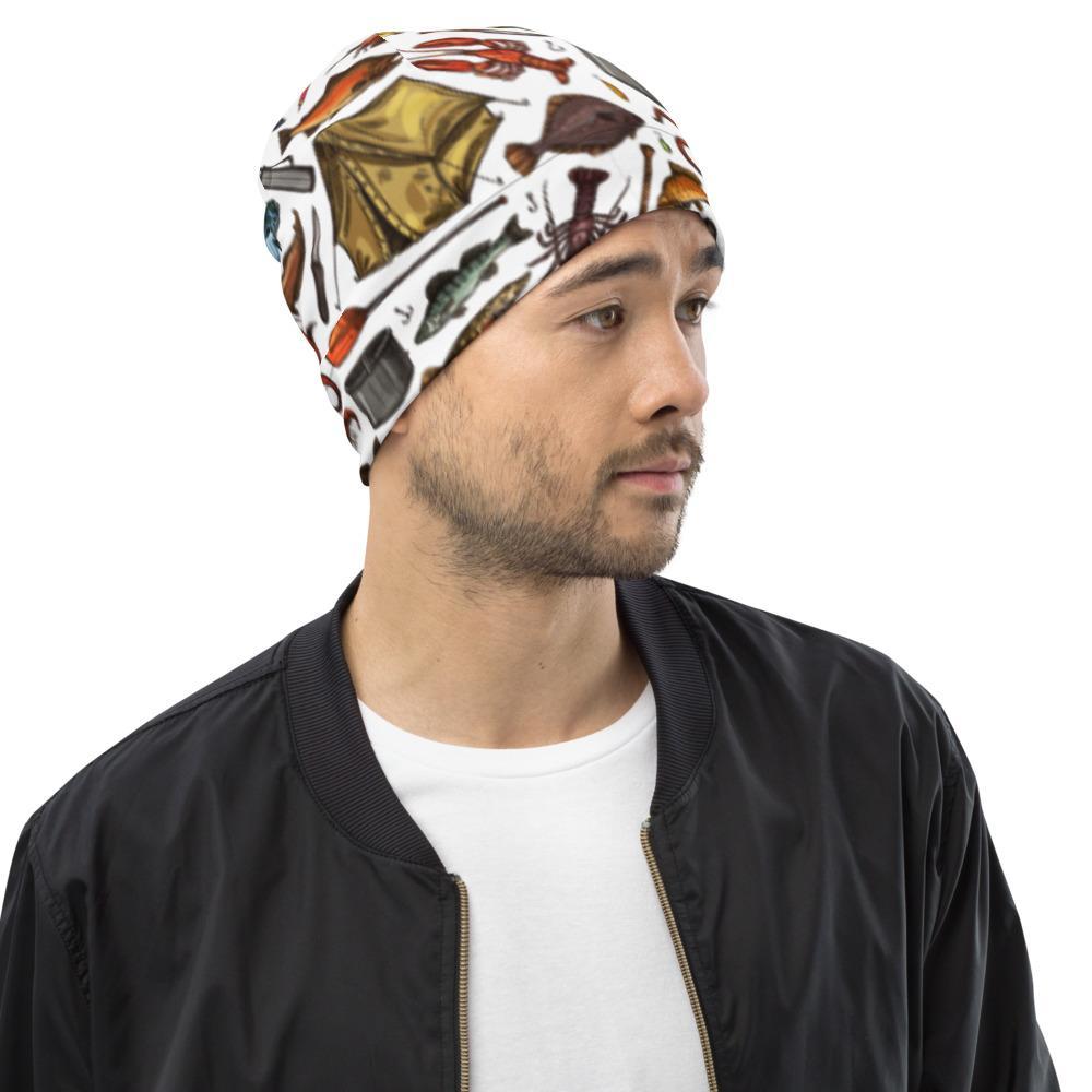 White Fishing & Camping All-Over Print Beanie - Outdoors Thrill