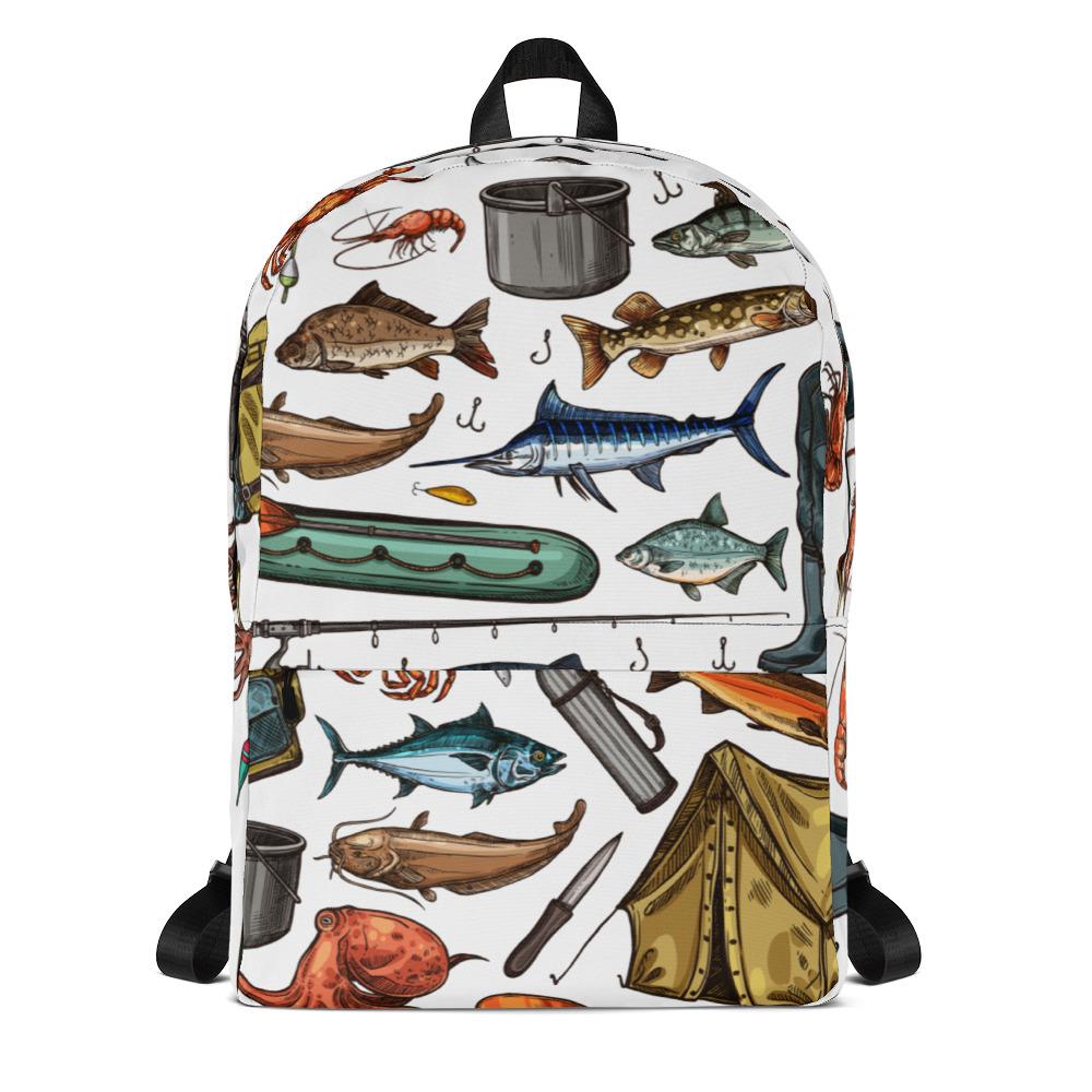 White Fishing & Camping Pattern Backpack - Outdoors Thrill