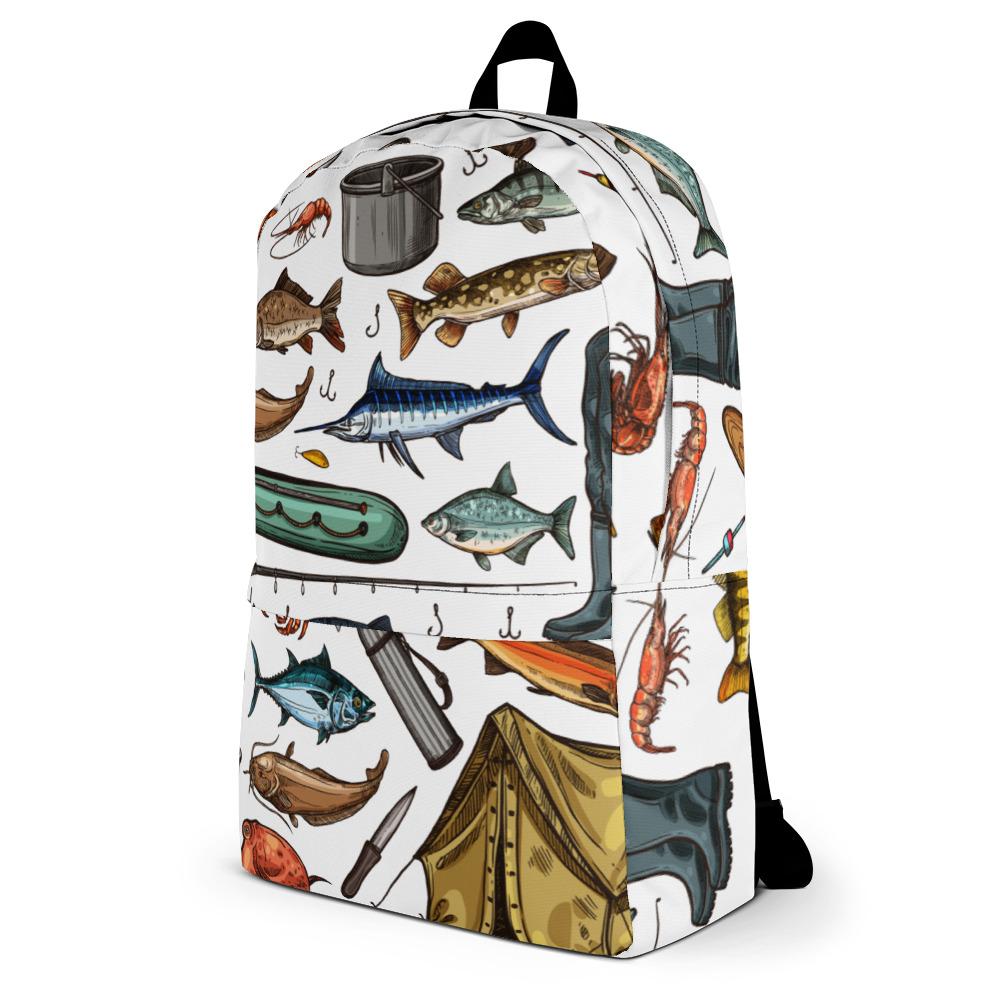 White Fishing & Camping Pattern Backpack - Outdoors Thrill